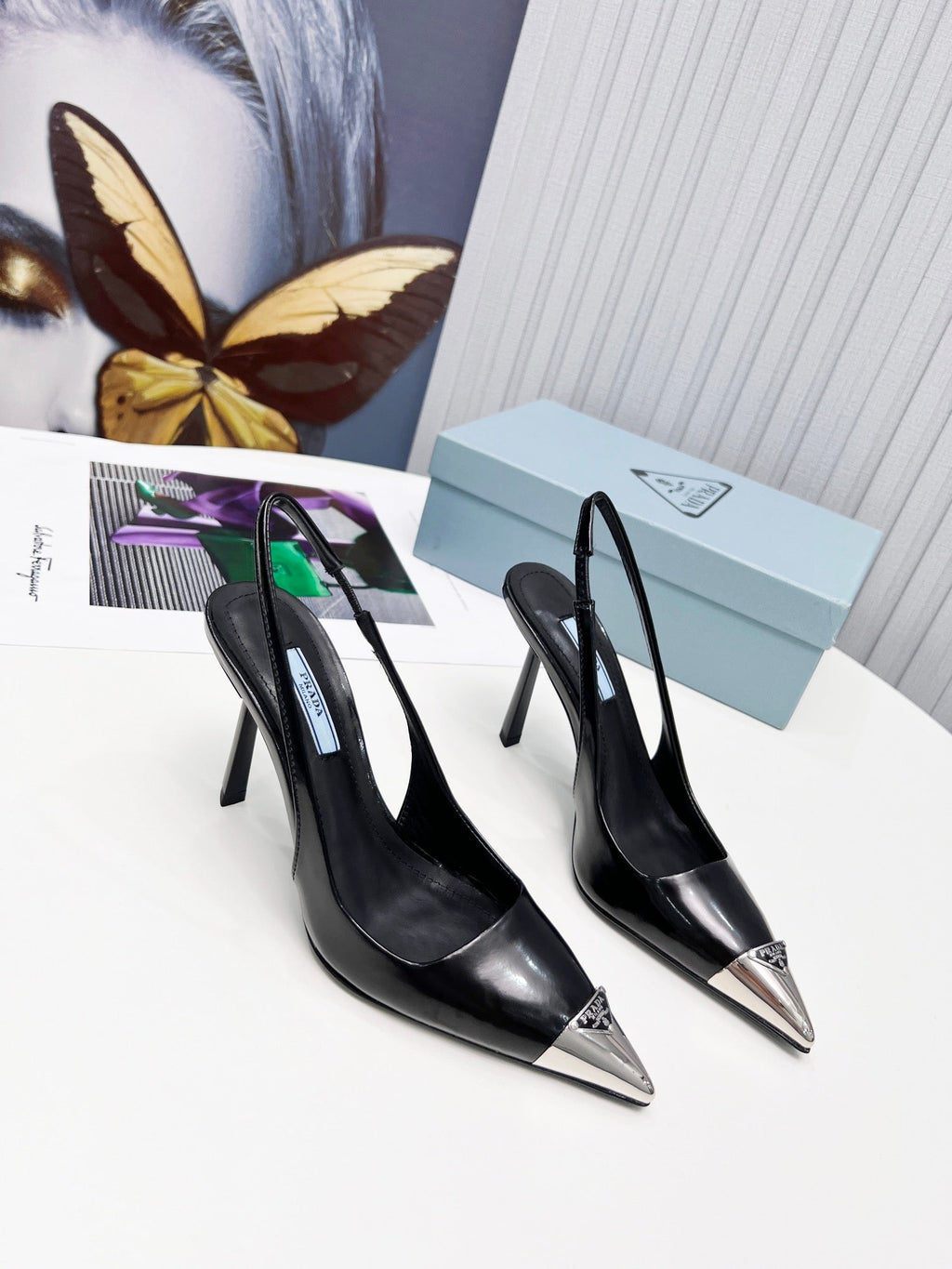 PRADA 26S SLINGBACK HEELS 95MM IN BLACK METAL TIP CALFSKIN