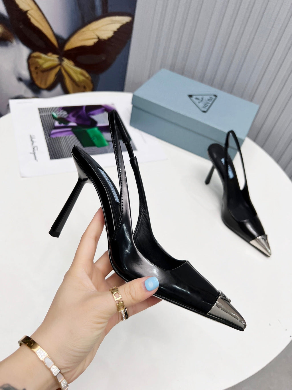 PRADA 26S SLINGBACK HEELS 95MM IN BLACK METAL TIP CALFSKIN