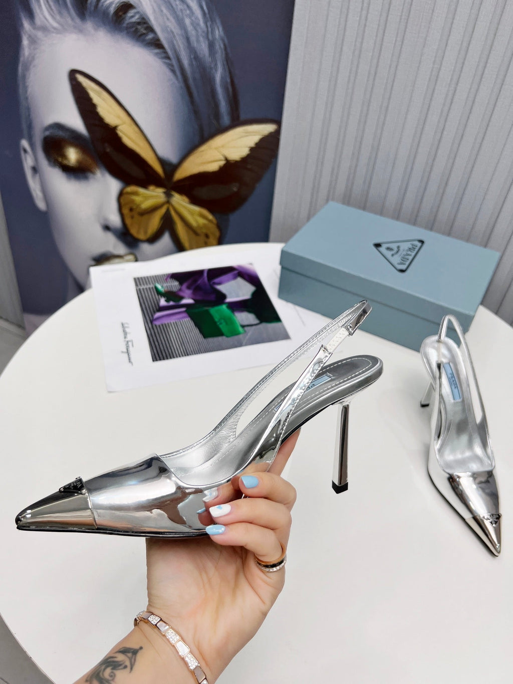 PRADA 26S SLINGBACK HEELS 95MM IN SILVER METAL TIP CALFSKIN