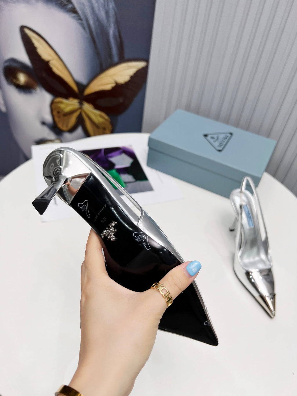 PRADA 26S SLINGBACK HEELS 95MM IN SILVER METAL TIP CALFSKIN