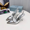 PRADA 26S SLINGBACK HEELS 95MM IN SILVER METAL TIP CALFSKIN