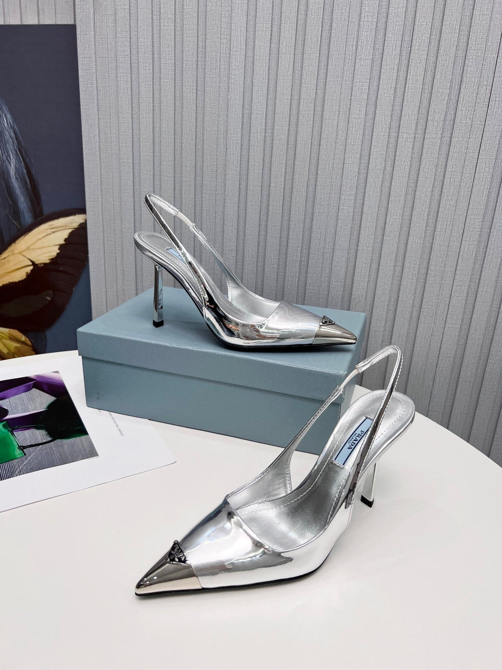 PRADA 26S SLINGBACK HEELS 95MM IN SILVER METAL TIP CALFSKIN