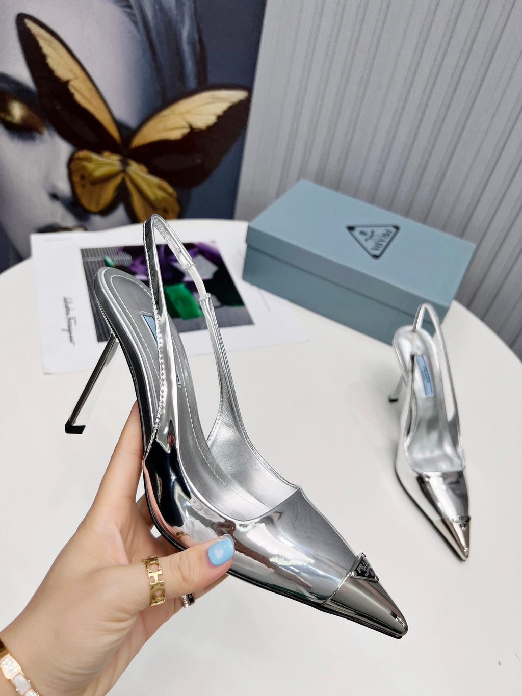 PRADA 26S SLINGBACK HEELS 95MM IN SILVER METAL TIP CALFSKIN