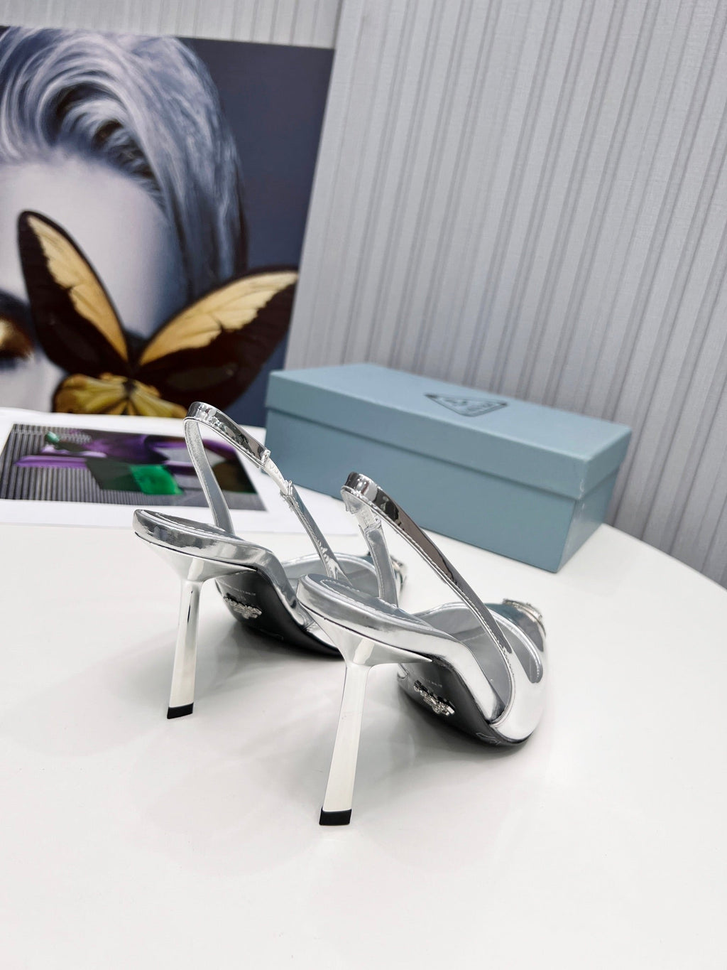 PRADA 26S SLINGBACK HEELS 95MM IN SILVER METAL TIP CALFSKIN