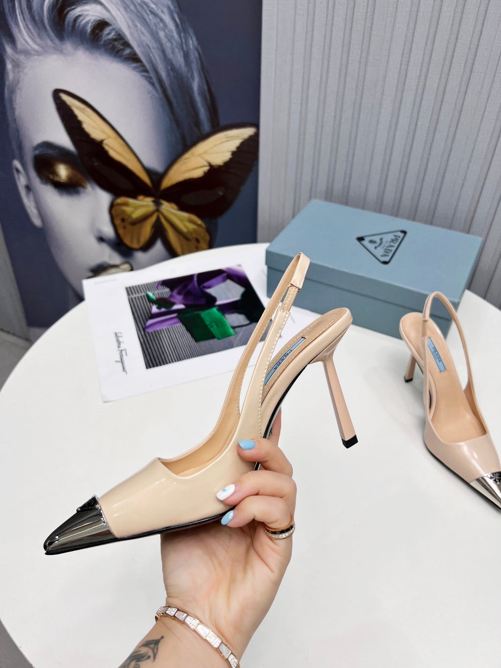 PRADA 26S SLINGBACK HEELS 95MM IN NUDE BEIGE METAL TIP CALFSKIN