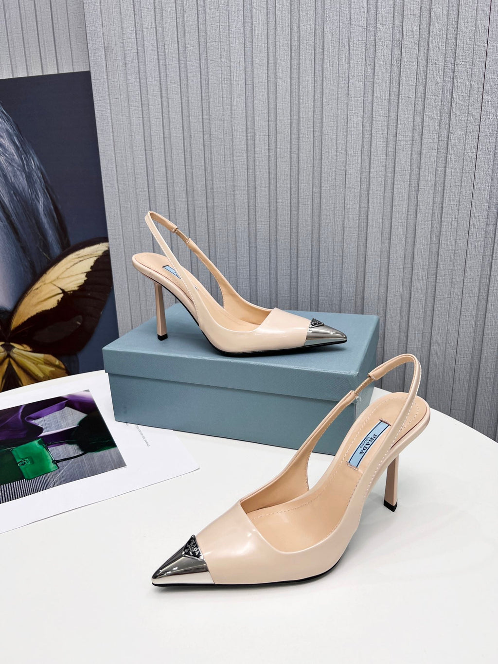 PRADA 26S SLINGBACK HEELS 95MM IN NUDE BEIGE METAL TIP CALFSKIN