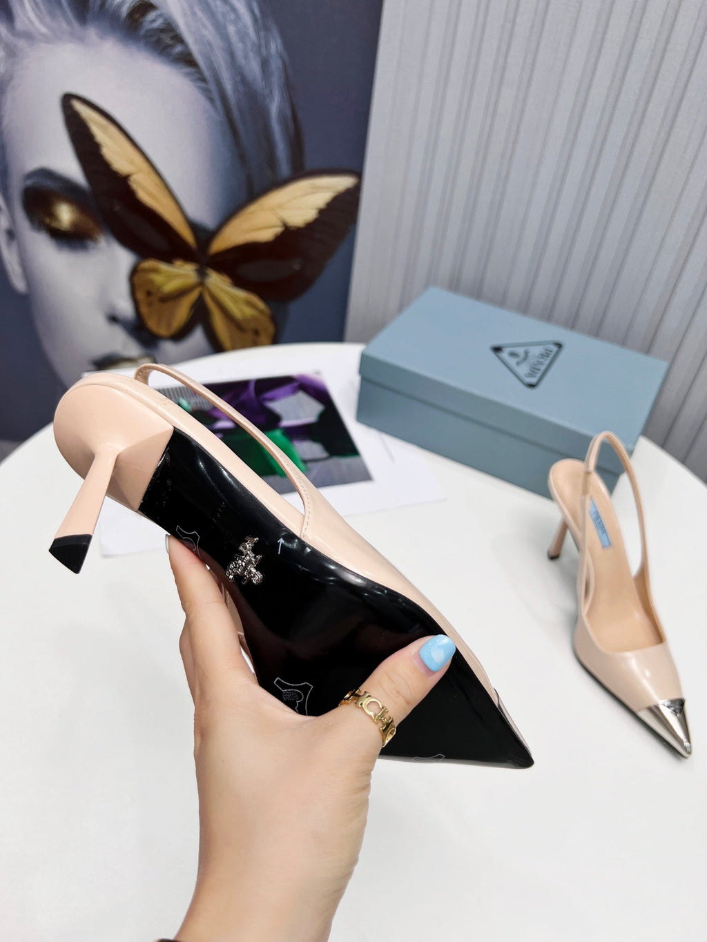 PRADA 26S SLINGBACK HEELS 95MM IN NUDE BEIGE METAL TIP CALFSKIN