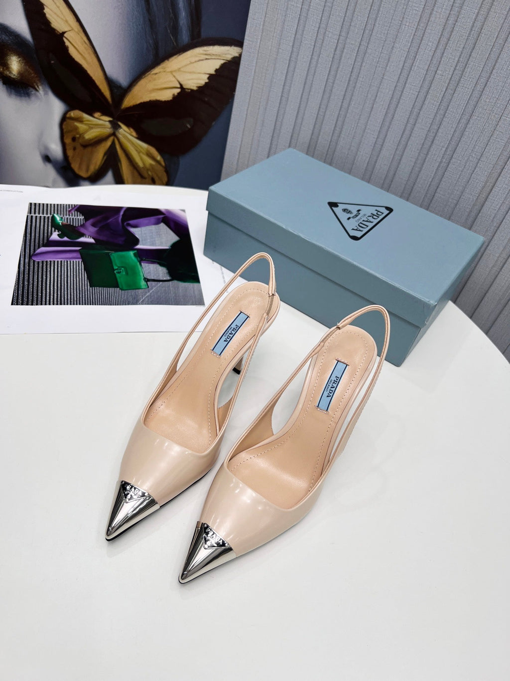 PRADA 26S SLINGBACK HEELS 95MM IN NUDE BEIGE METAL TIP CALFSKIN