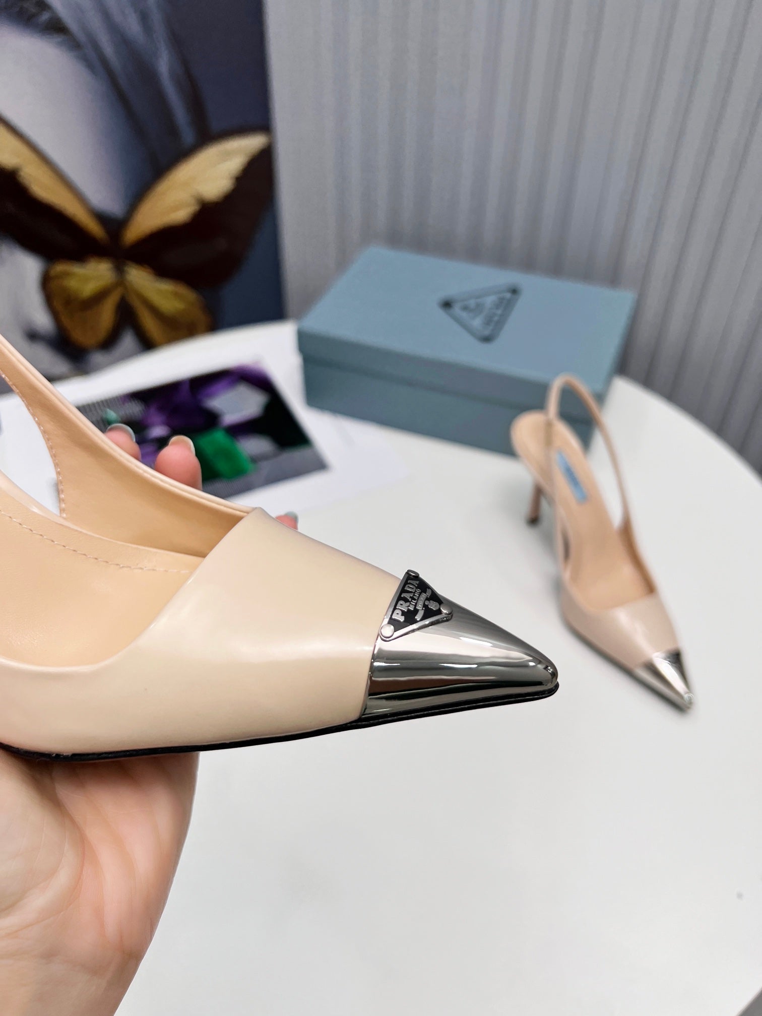 PRADA 26S SLINGBACK HEELS 95MM IN NUDE BEIGE METAL TIP CALFSKIN