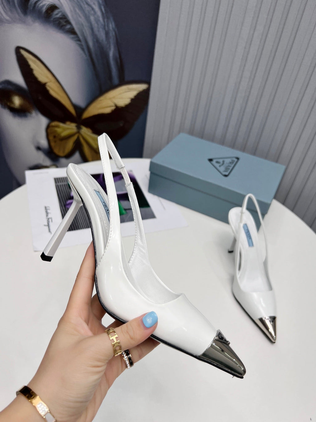 PRADA 26S SLINGBACK HEELS 95MM IN WHITE METAL TIP CALFSKIN