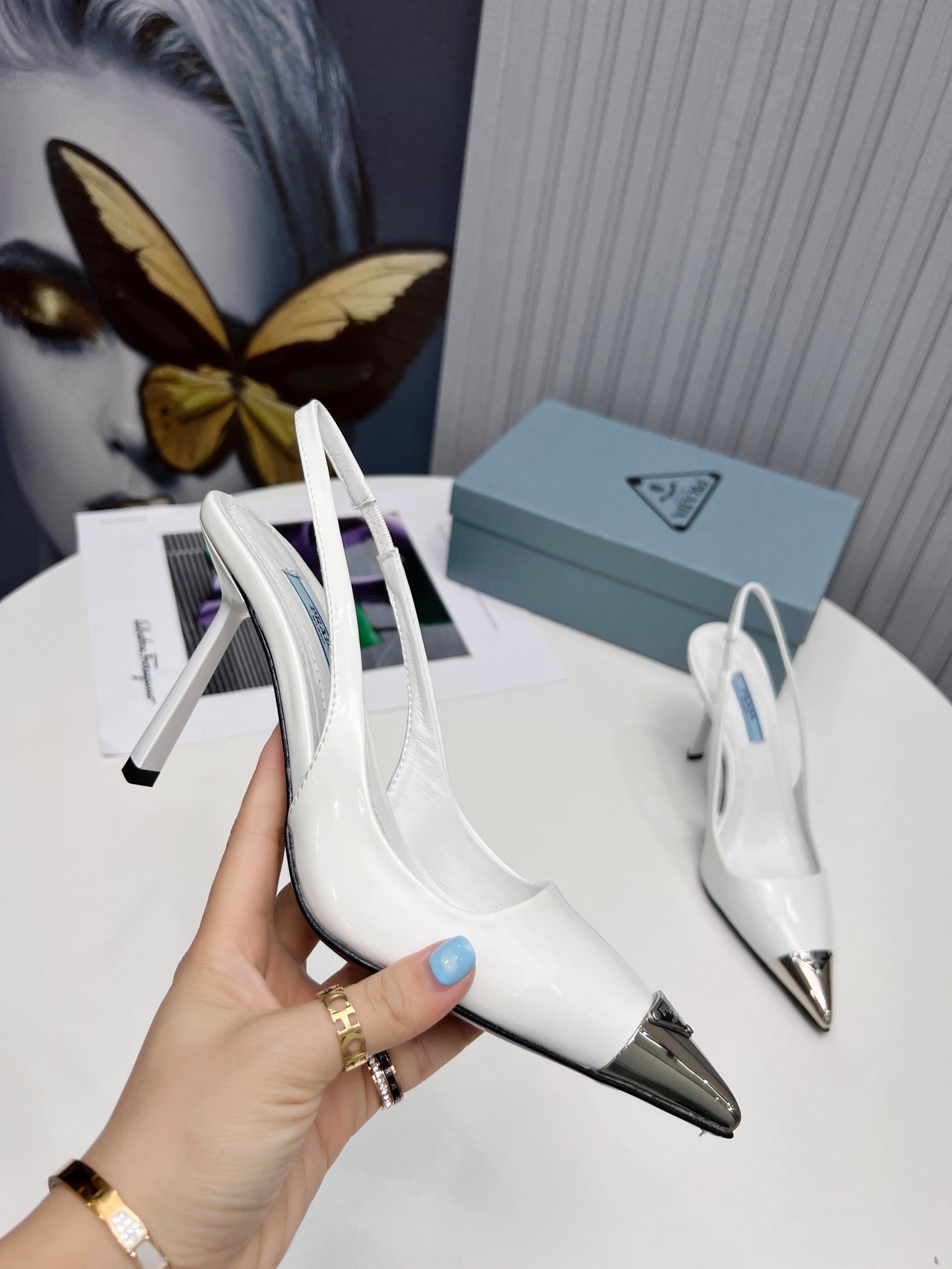 PRADA 26S SLINGBACK HEELS 95MM IN WHITE METAL TIP CALFSKIN
