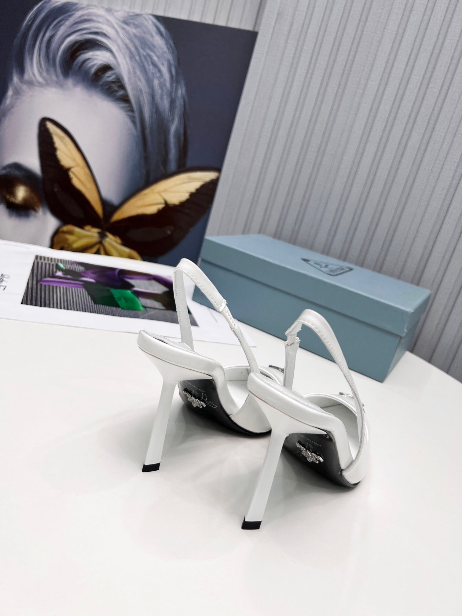 PRADA 26S SLINGBACK HEELS 95MM IN WHITE METAL TIP CALFSKIN