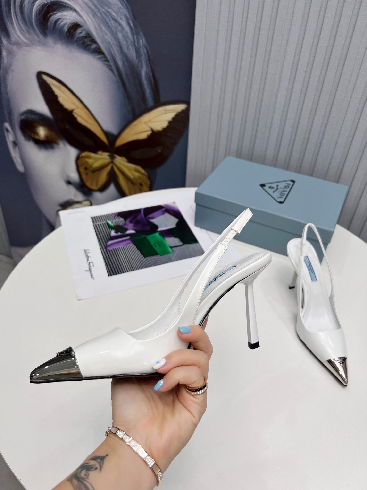 PRADA 26S SLINGBACK HEELS 95MM IN WHITE METAL TIP CALFSKIN