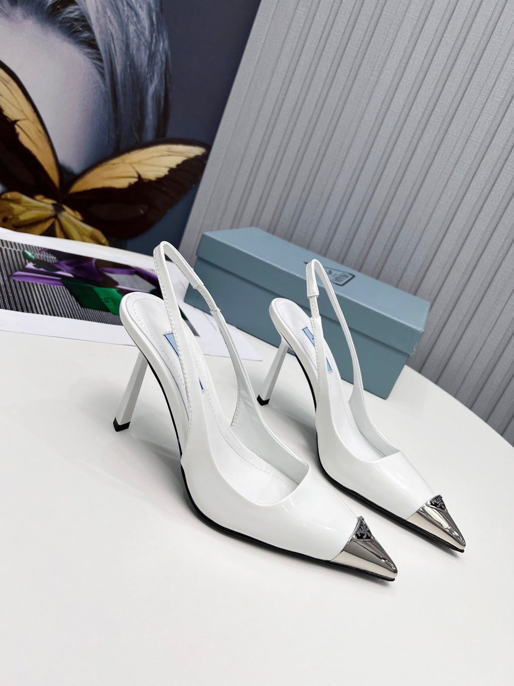 PRADA 26S SLINGBACK HEELS 95MM IN WHITE METAL TIP CALFSKIN
