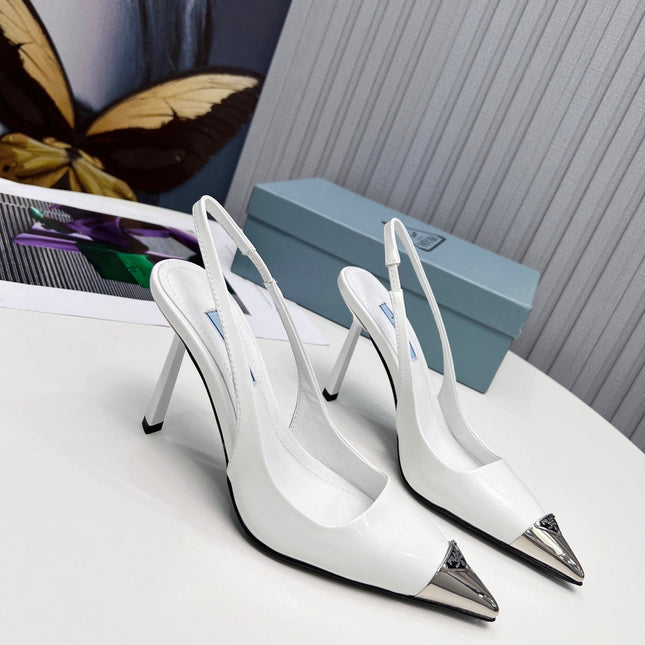 PRADA 26S SLINGBACK HEELS 95MM IN WHITE METAL TIP CALFSKIN