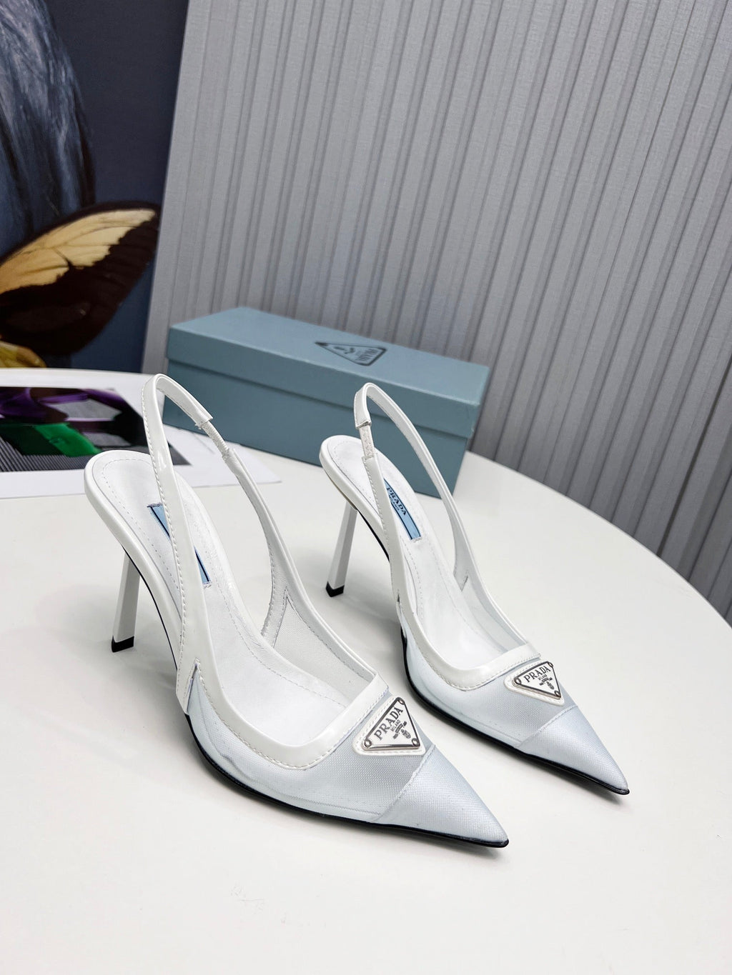 PRADA 26S SLINGBACK PUMPS STILETTO HEEL 95MM IN WHITE MESH WITH LOGO