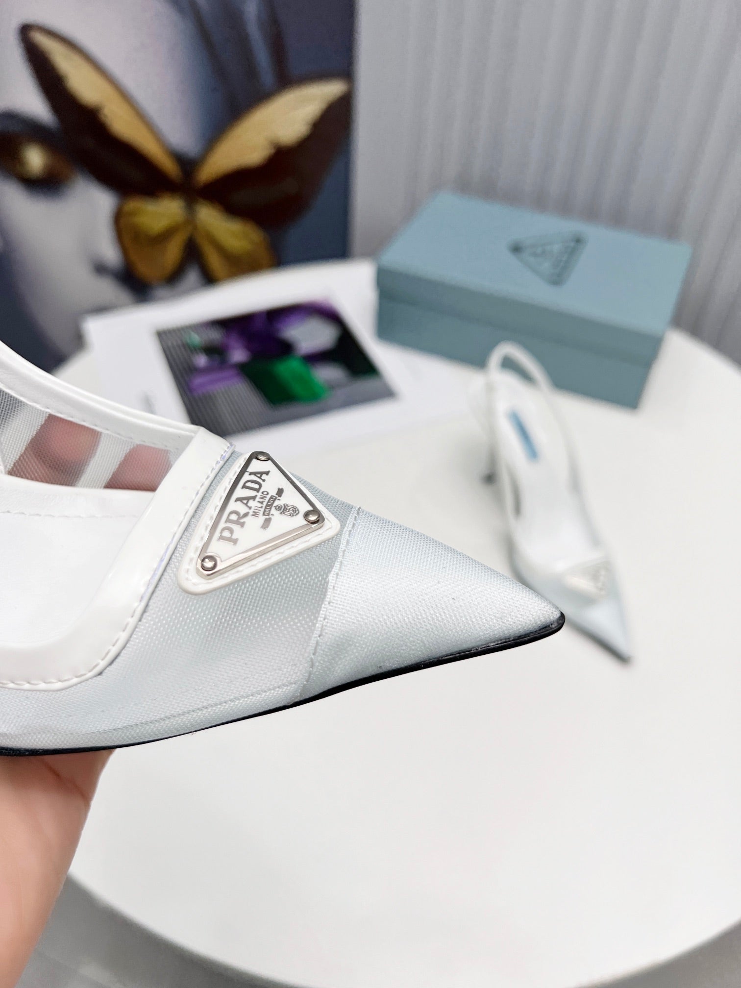 PRADA 26S SLINGBACK PUMPS STILETTO HEEL 95MM IN WHITE MESH WITH LOGO