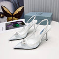 PRADA 26S SLINGBACK PUMPS STILETTO HEEL 95MM IN WHITE MESH WITH LOGO