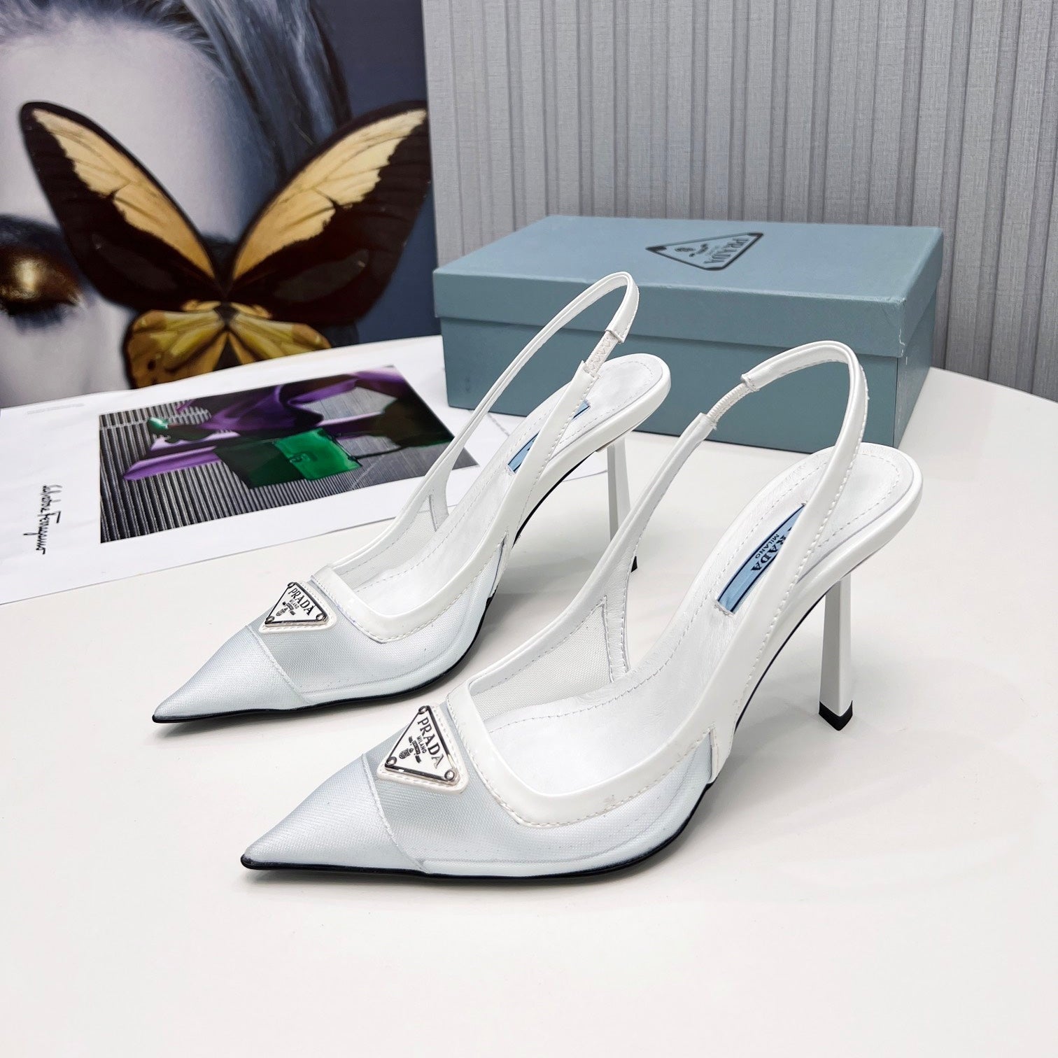 PRADA 26S SLINGBACK PUMPS STILETTO HEEL 95MM IN WHITE MESH WITH LOGO