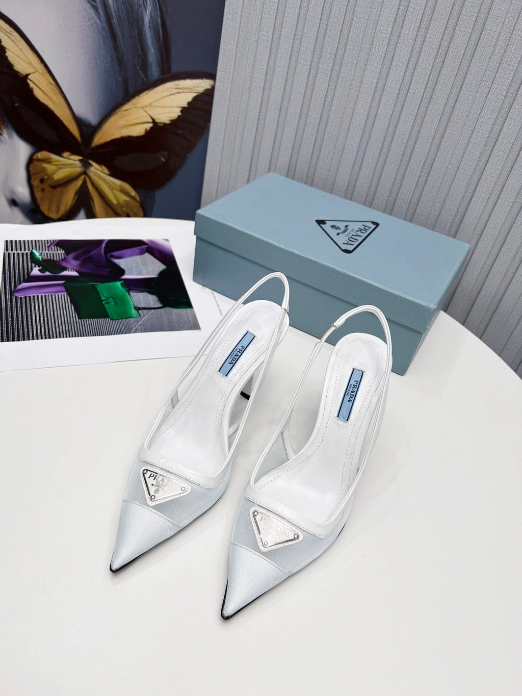 PRADA 26S SLINGBACK PUMPS STILETTO HEEL 95MM IN WHITE MESH WITH LOGO