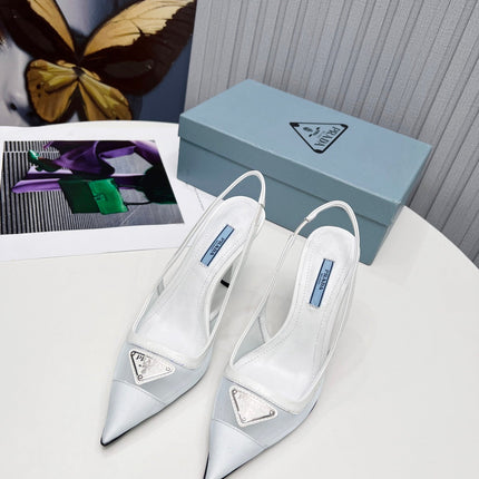 PRADA 26S SLINGBACK PUMPS STILETTO HEEL 95MM IN WHITE MESH WITH LOGO