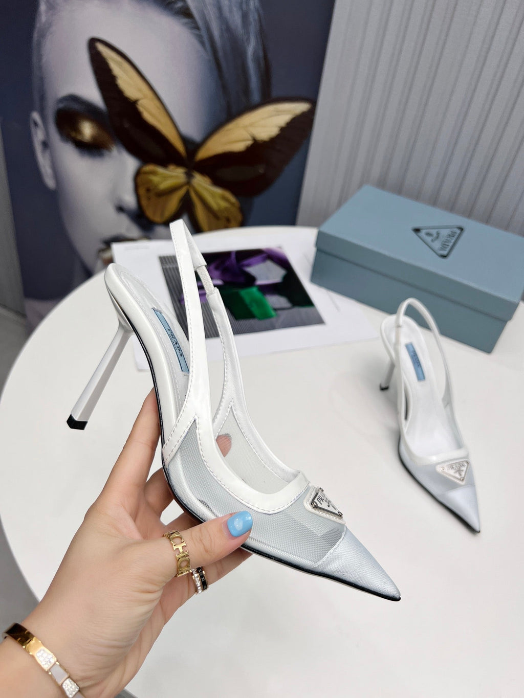 PRADA 26S SLINGBACK PUMPS STILETTO HEEL 95MM IN WHITE MESH WITH LOGO