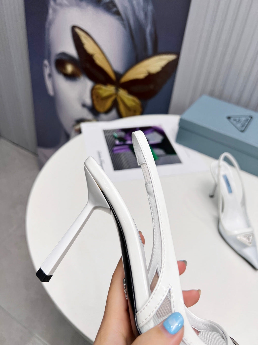 PRADA 26S SLINGBACK PUMPS STILETTO HEEL 95MM IN WHITE MESH WITH LOGO