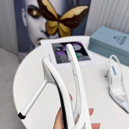 PRADA 26S SLINGBACK PUMPS STILETTO HEEL 95MM IN WHITE MESH WITH LOGO