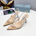 PRADA 26S SLINGBACK PUMPS STILETTO HEEL 95MM IN NUDE BEIGE MESH WITH LOGO