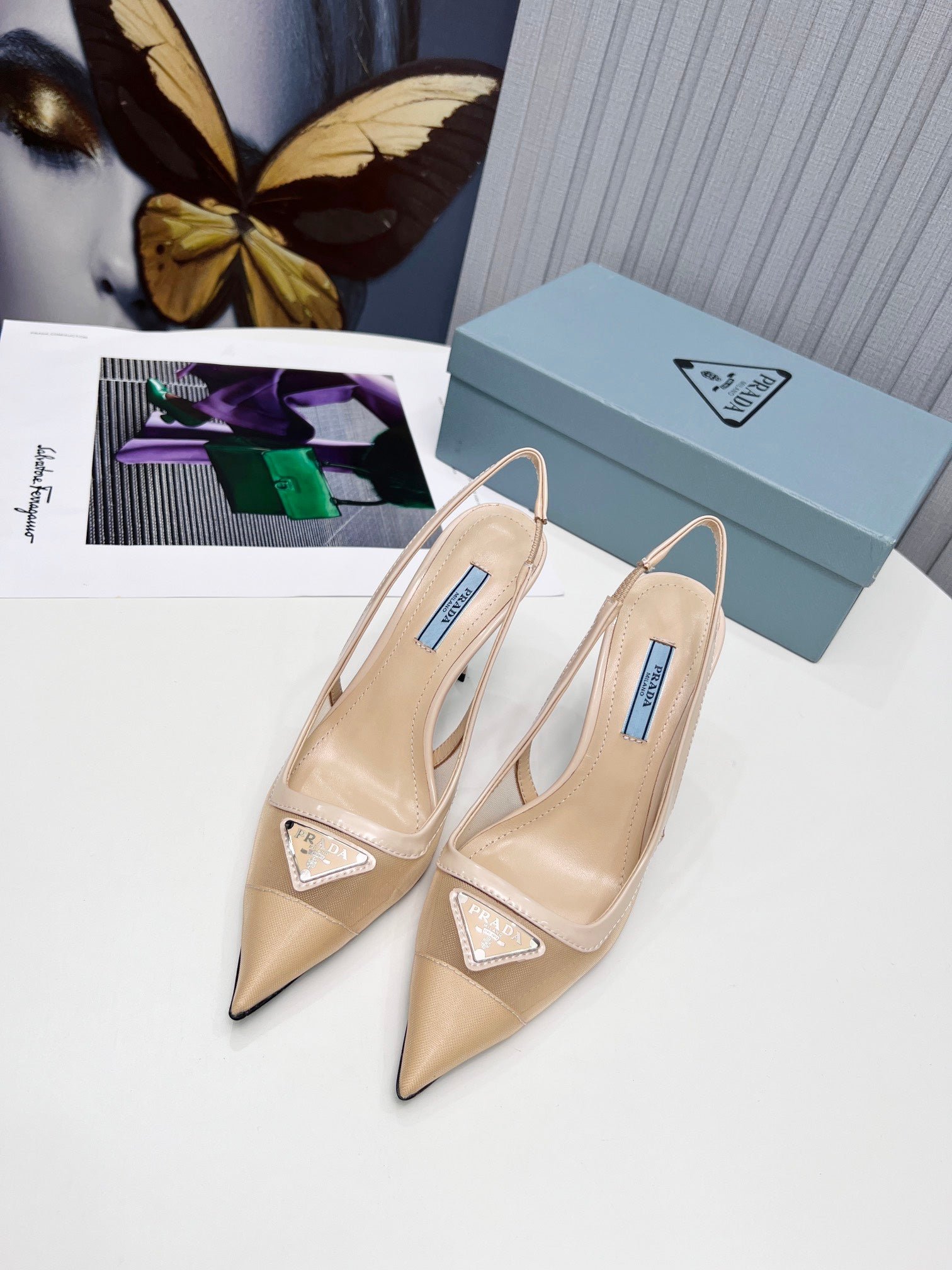 PRADA 26S SLINGBACK PUMPS STILETTO HEEL 95MM IN NUDE BEIGE MESH WITH LOGO