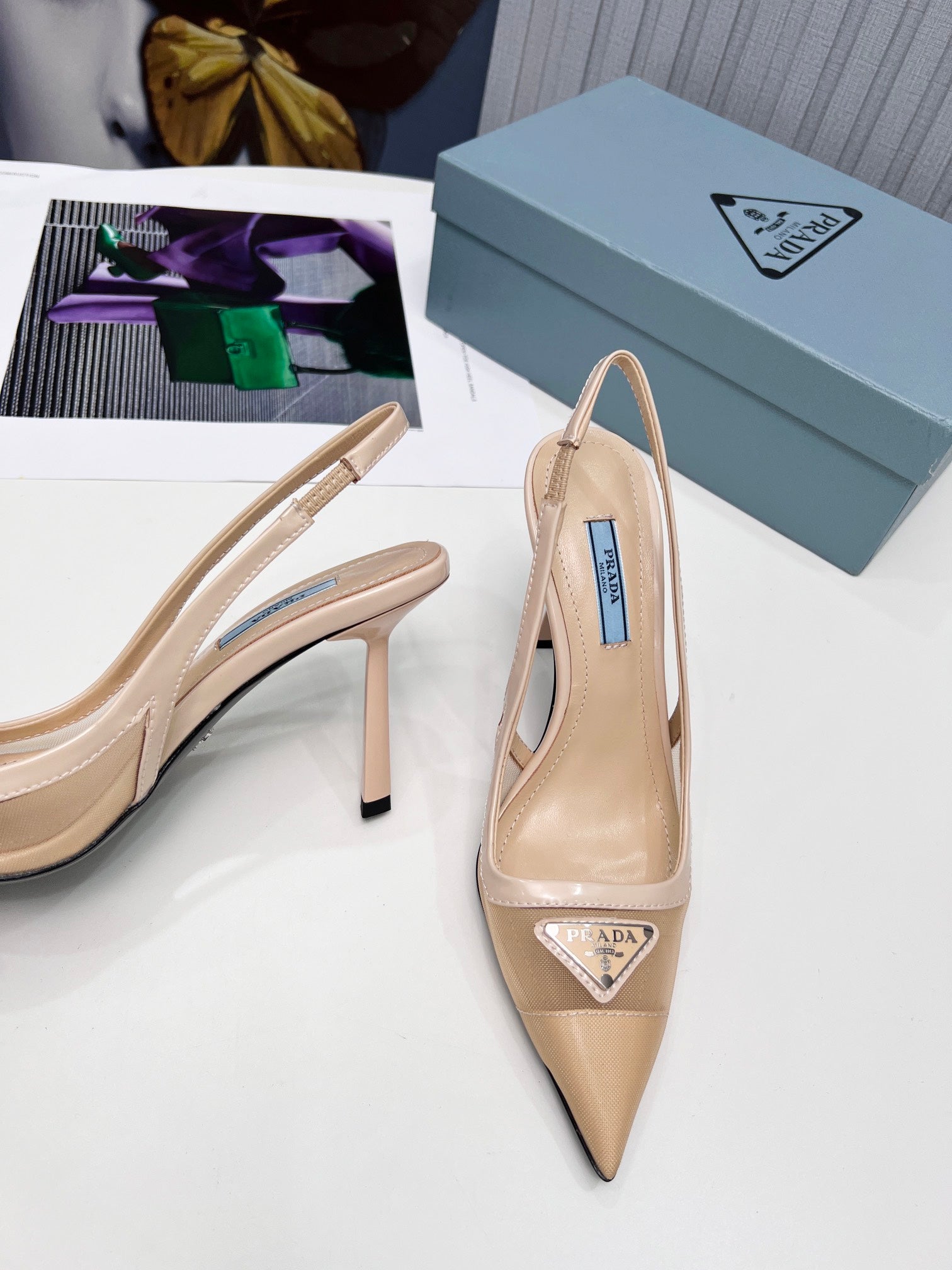 PRADA 26S SLINGBACK PUMPS STILETTO HEEL 95MM IN NUDE BEIGE MESH WITH LOGO