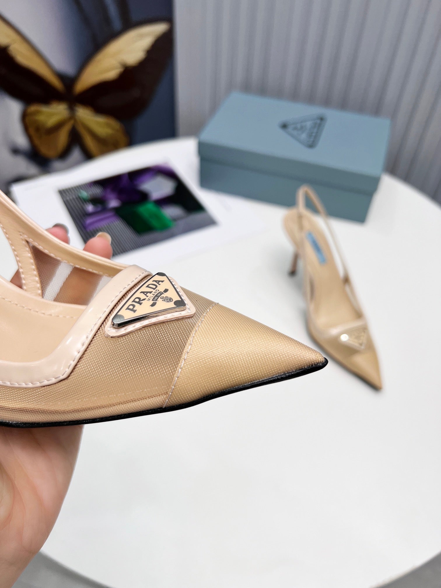 PRADA 26S SLINGBACK PUMPS STILETTO HEEL 95MM IN NUDE BEIGE MESH WITH LOGO