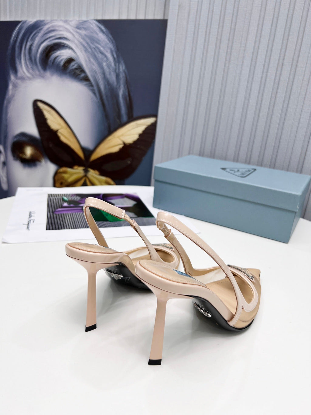 PRADA 26S SLINGBACK PUMPS STILETTO HEEL 95MM IN NUDE BEIGE MESH WITH LOGO