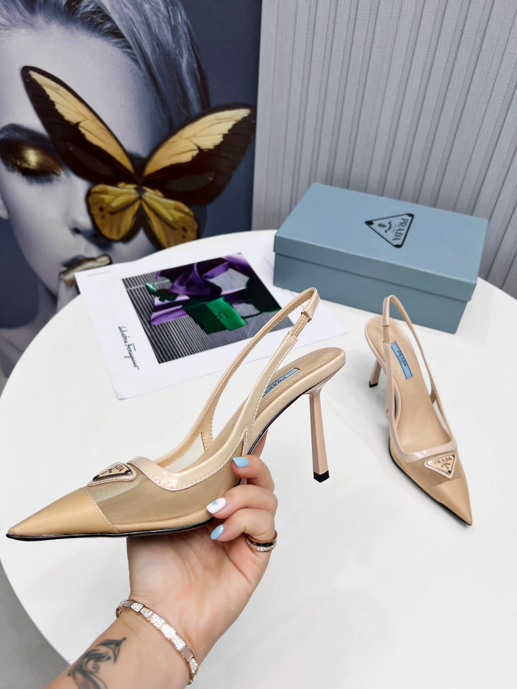 PRADA 26S SLINGBACK PUMPS STILETTO HEEL 95MM IN NUDE BEIGE MESH WITH LOGO
