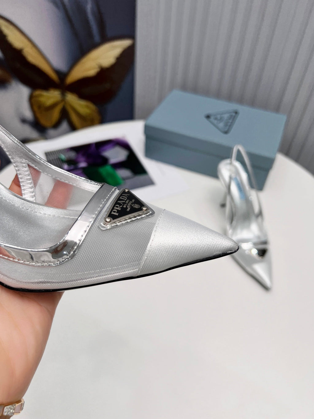 PRADA 26S SLINGBACK PUMPS STILETTO HEEL 95MM IN SILVER MESH WITH LOGO