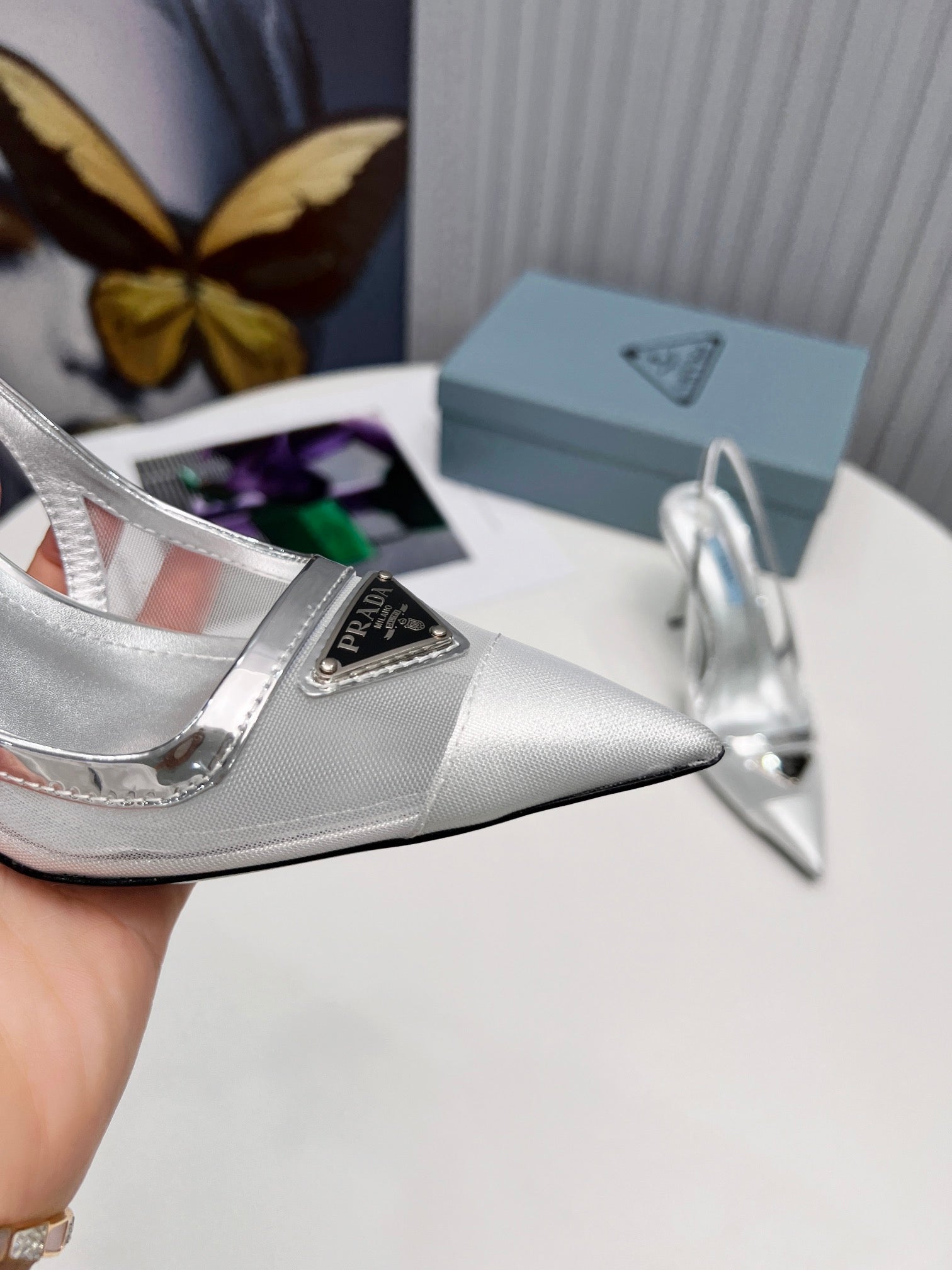 PRADA 26S SLINGBACK PUMPS STILETTO HEEL 95MM IN SILVER MESH WITH LOGO
