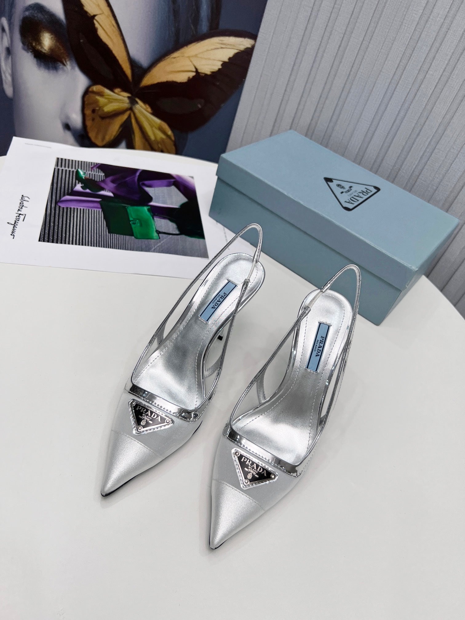 PRADA 26S SLINGBACK PUMPS STILETTO HEEL 95MM IN SILVER MESH WITH LOGO