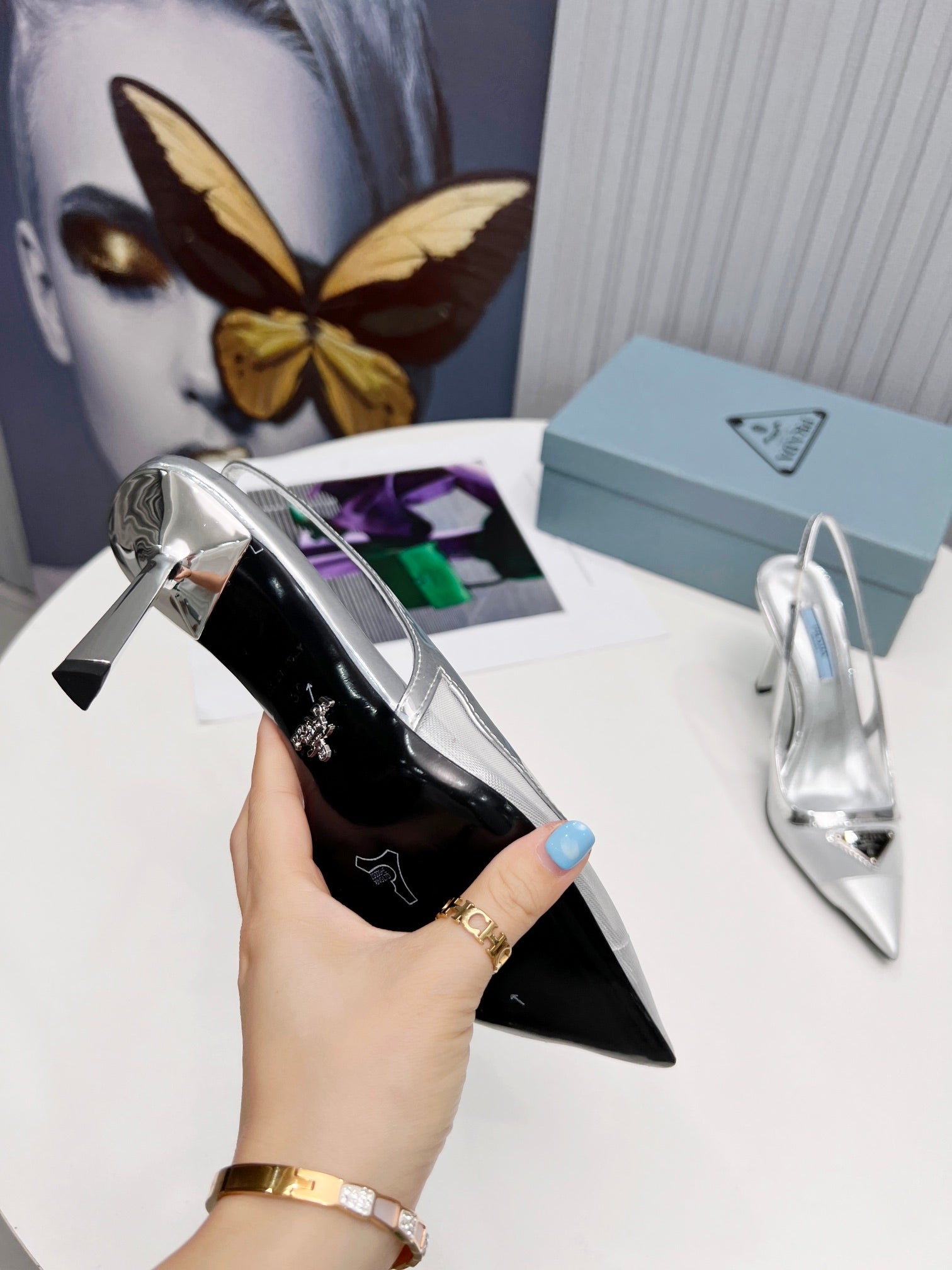 PRADA 26S SLINGBACK PUMPS STILETTO HEEL 95MM IN SILVER MESH WITH LOGO