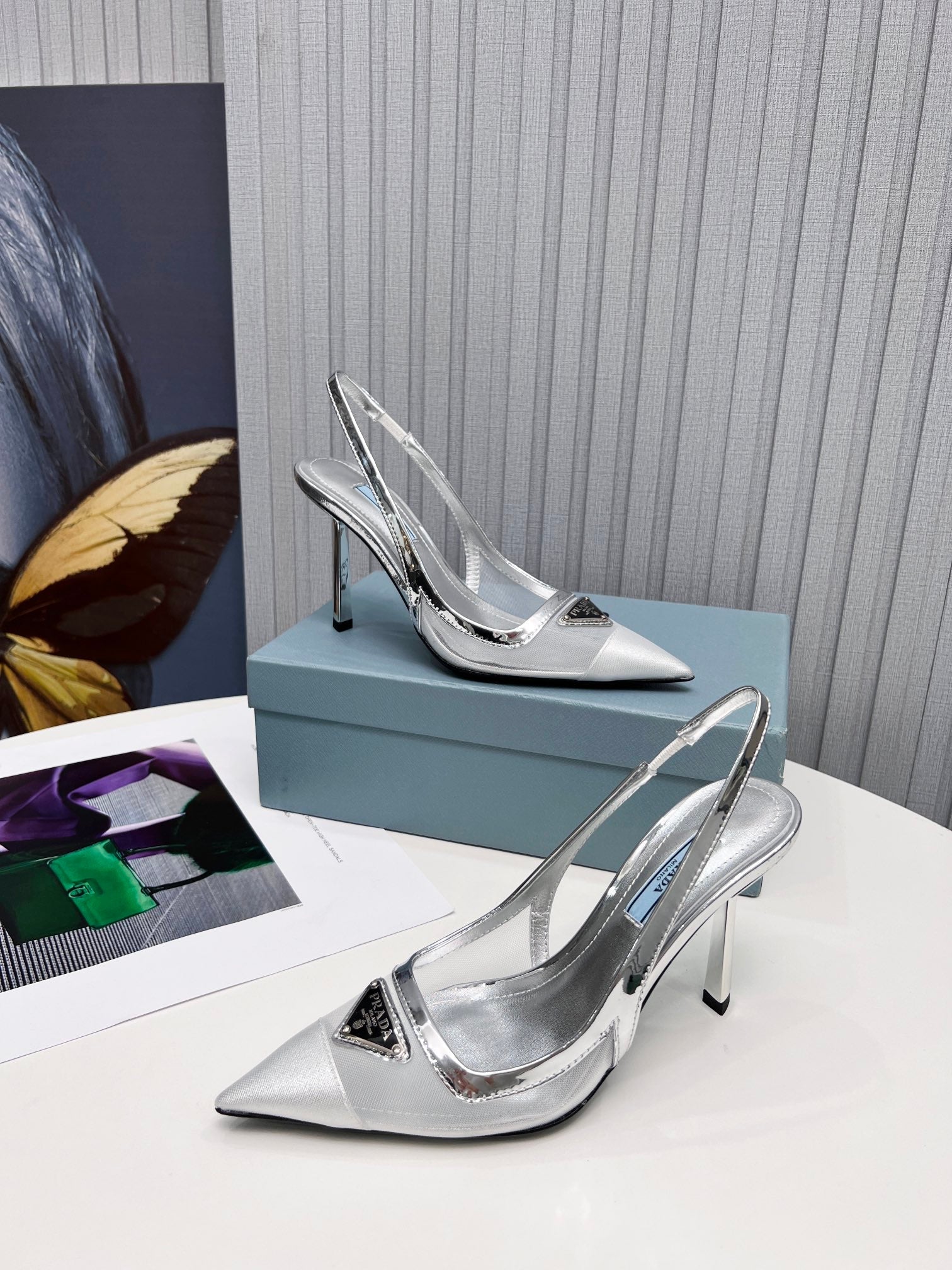 PRADA 26S SLINGBACK PUMPS STILETTO HEEL 95MM IN SILVER MESH WITH LOGO
