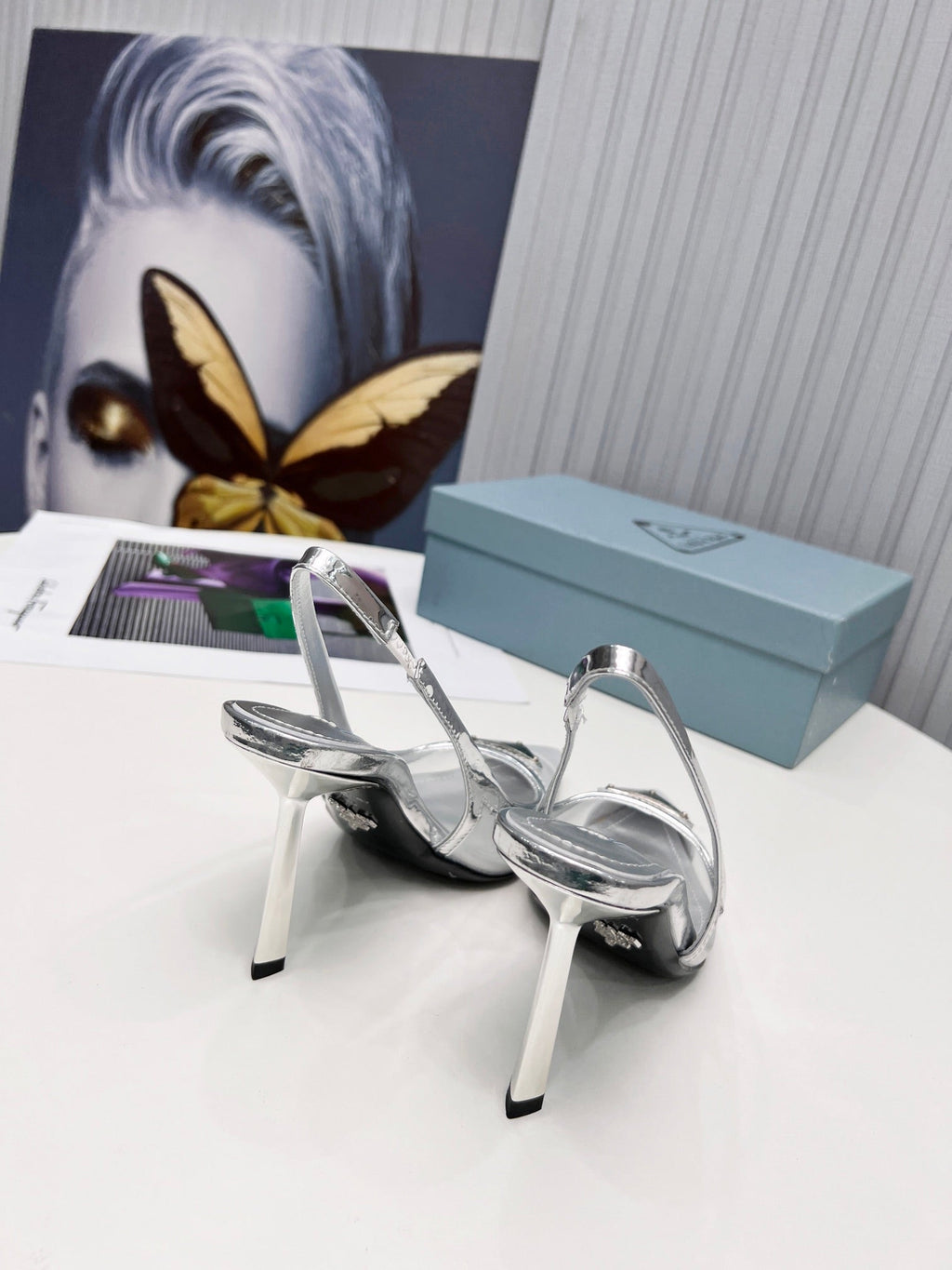 PRADA 26S SLINGBACK PUMPS STILETTO HEEL 95MM IN SILVER MESH WITH LOGO