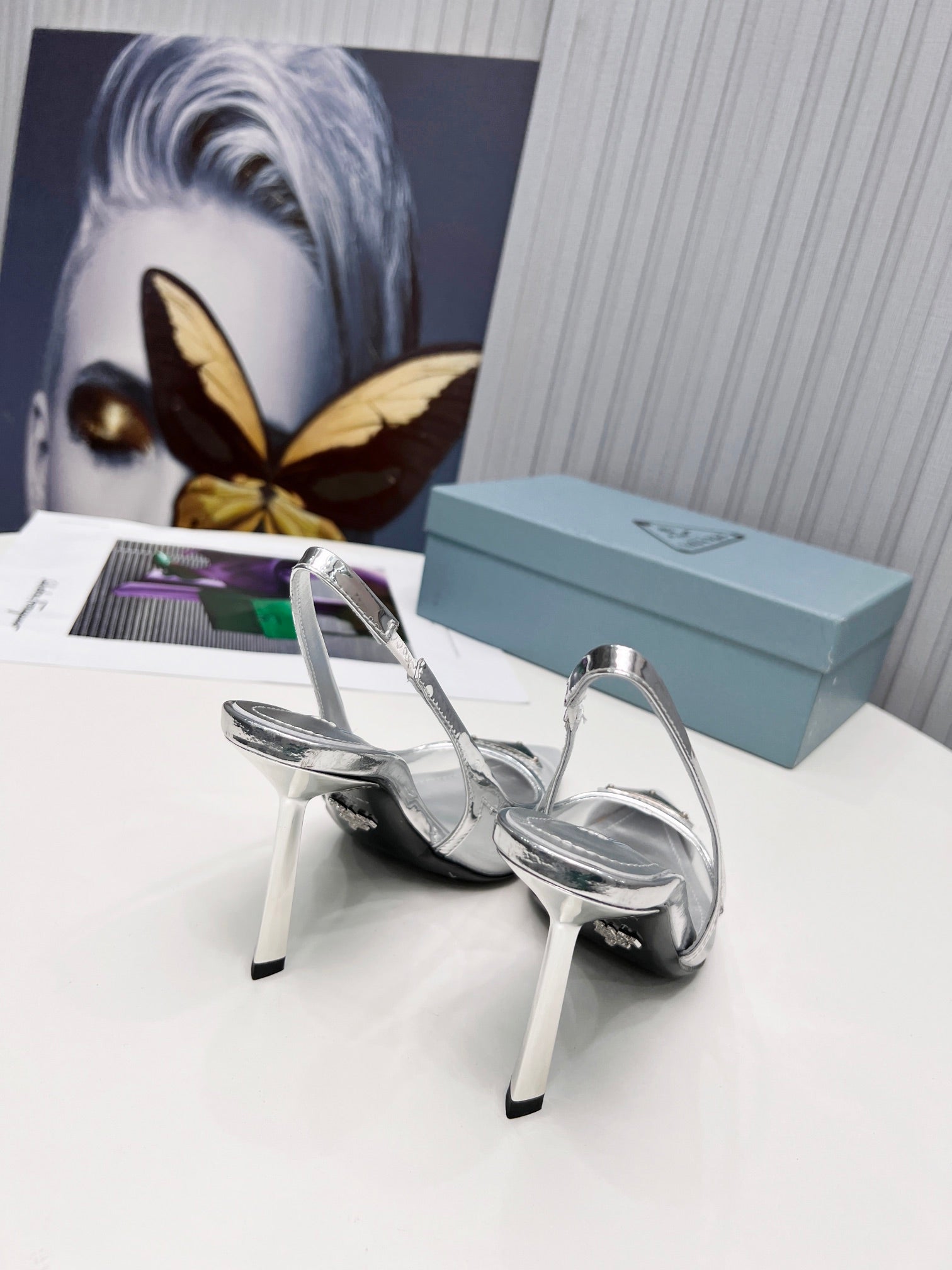 PRADA 26S SLINGBACK PUMPS STILETTO HEEL 95MM IN SILVER MESH WITH LOGO