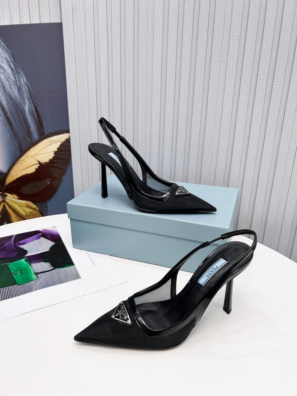 PRADA 26S SLINGBACK PUMPS STILETTO HEEL 95MM IN BLACK MESH WITH LOGO