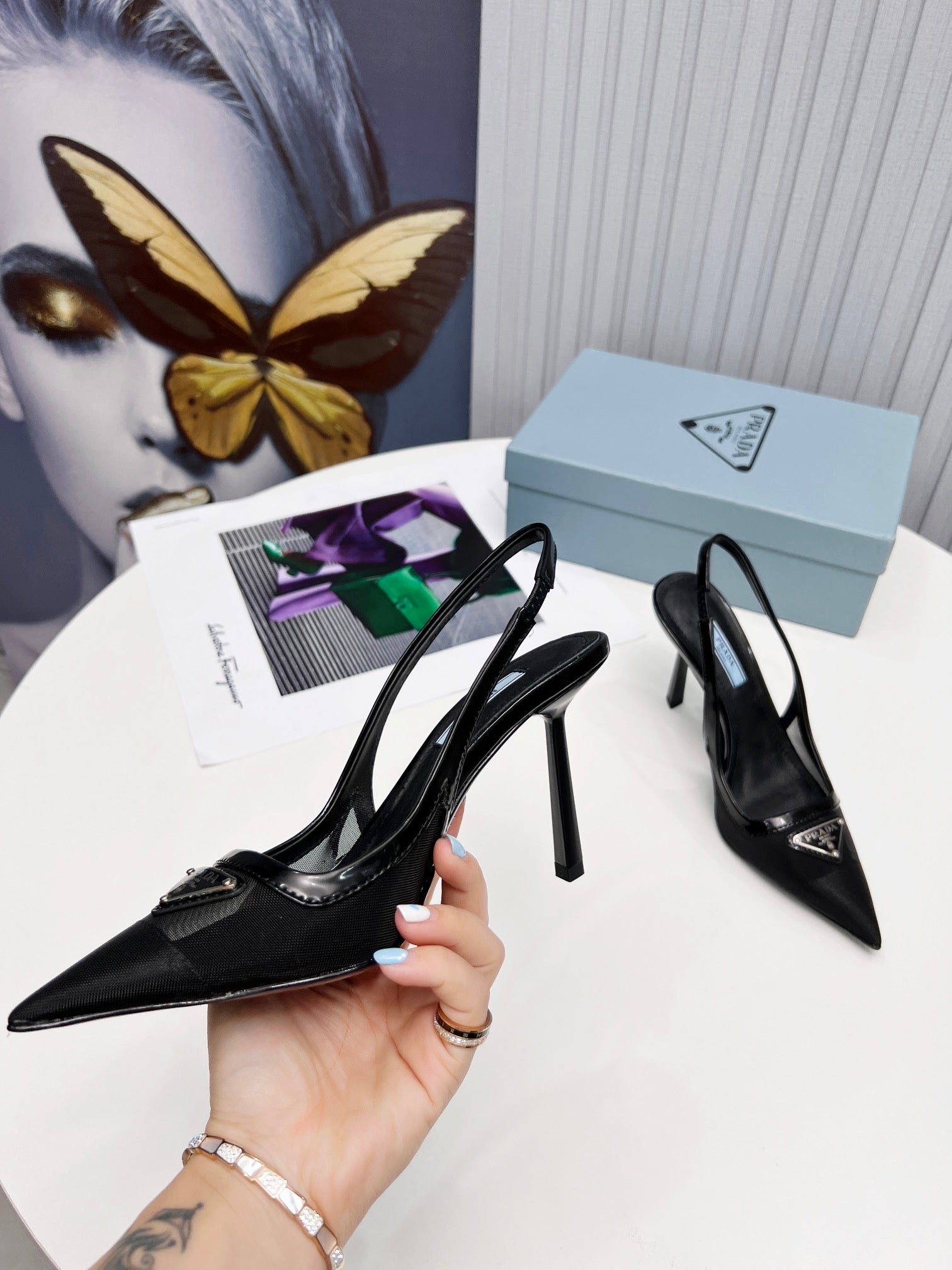 PRADA 26S SLINGBACK PUMPS STILETTO HEEL 95MM IN BLACK MESH WITH LOGO