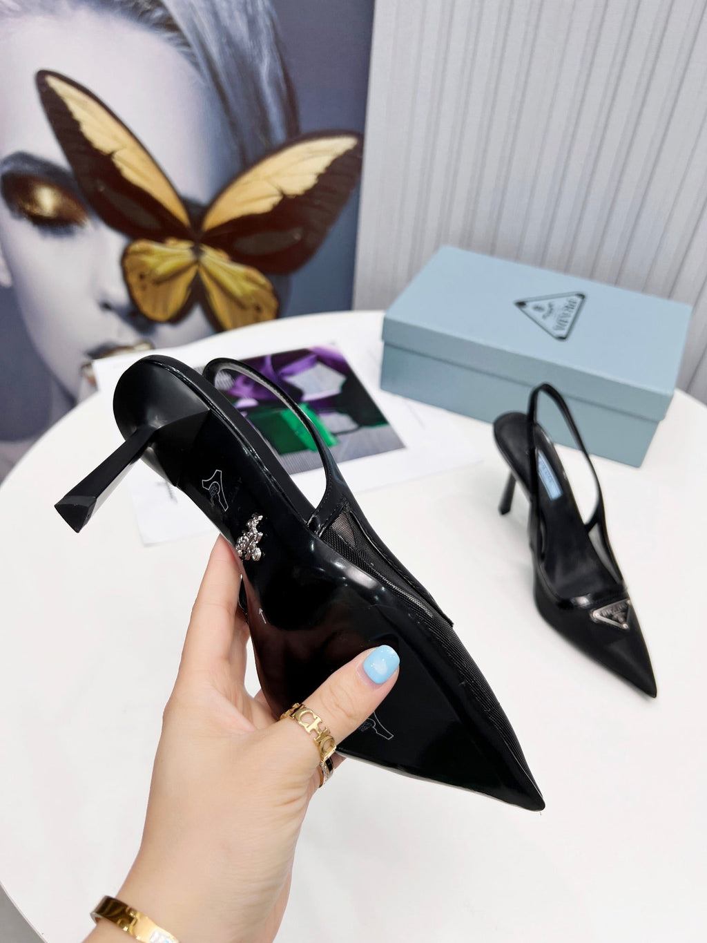 PRADA 26S SLINGBACK PUMPS STILETTO HEEL 95MM IN BLACK MESH WITH LOGO