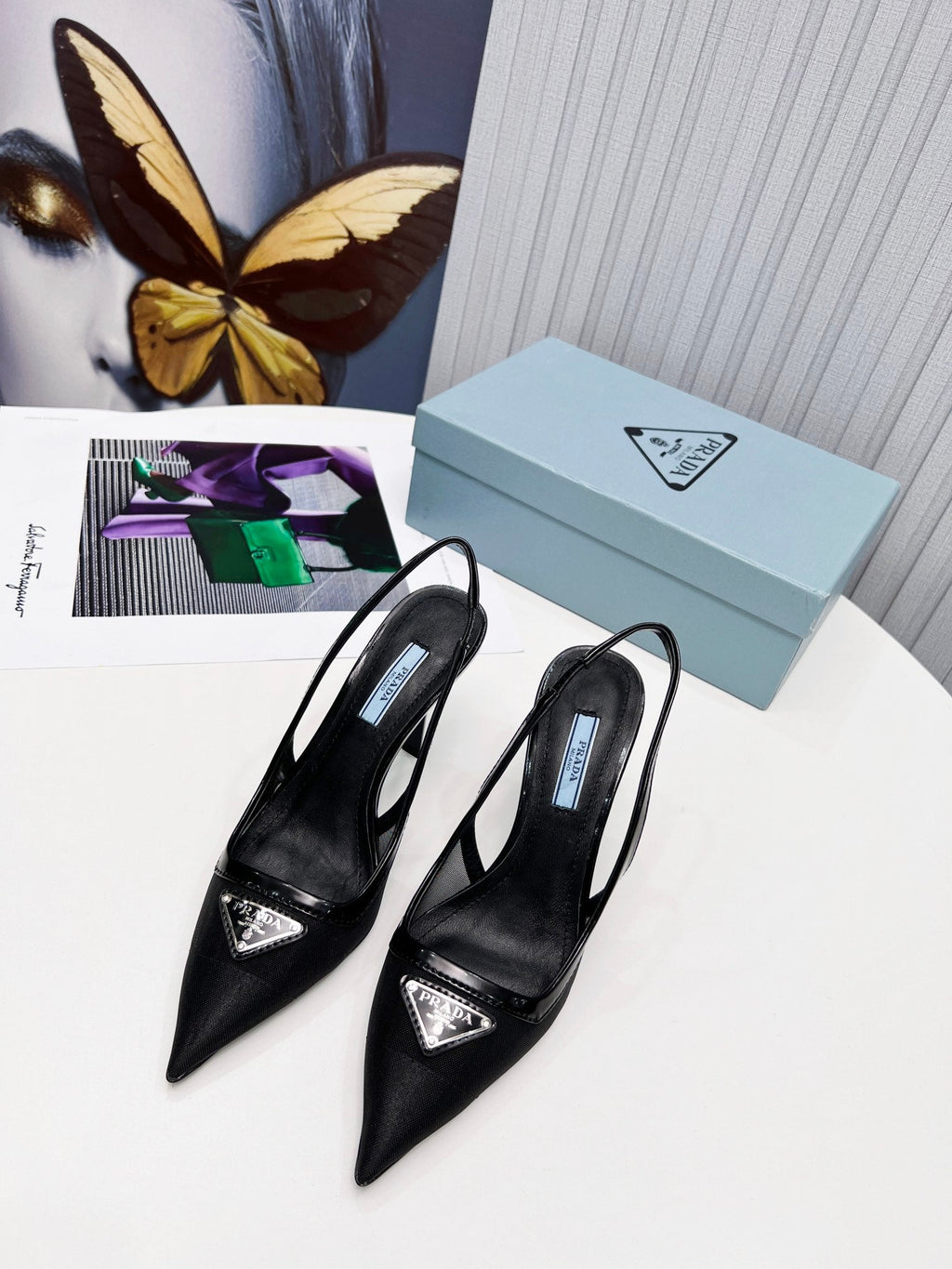 PRADA 26S SLINGBACK PUMPS STILETTO HEEL 95MM IN BLACK MESH WITH LOGO