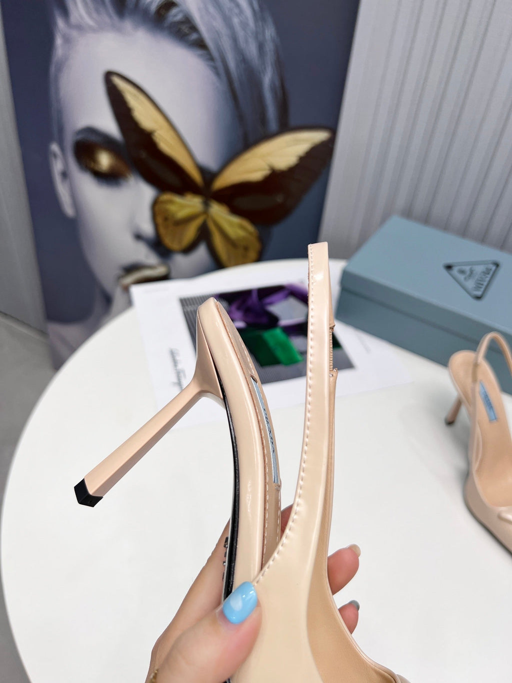 PRADA 26S SLINGBACK PUMPS STILETTO HEEL 95MM IN NUDE BEIGE CALFSKIN LOGO