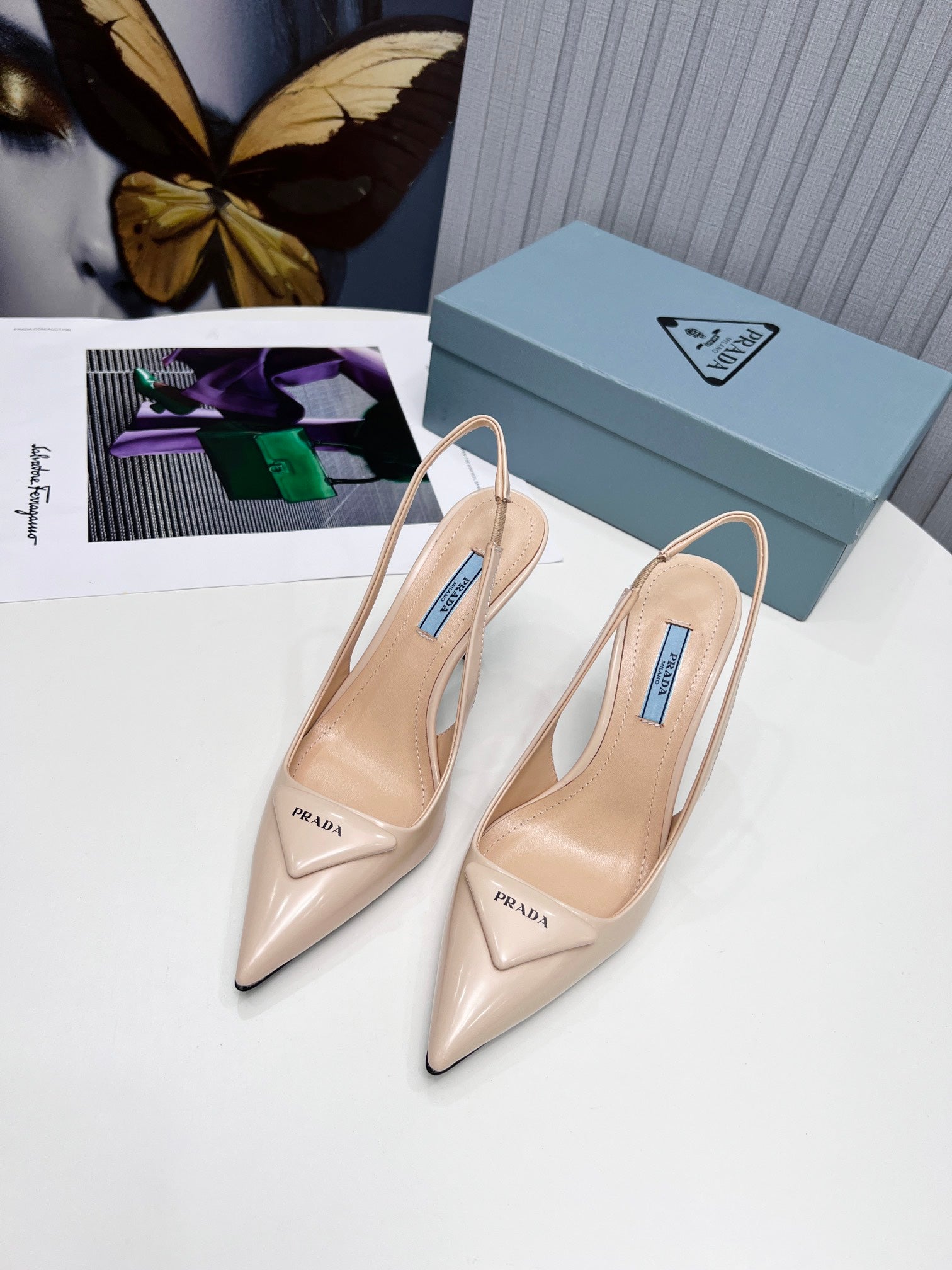 PRADA 26S SLINGBACK PUMPS STILETTO HEEL 95MM IN NUDE BEIGE CALFSKIN LOGO