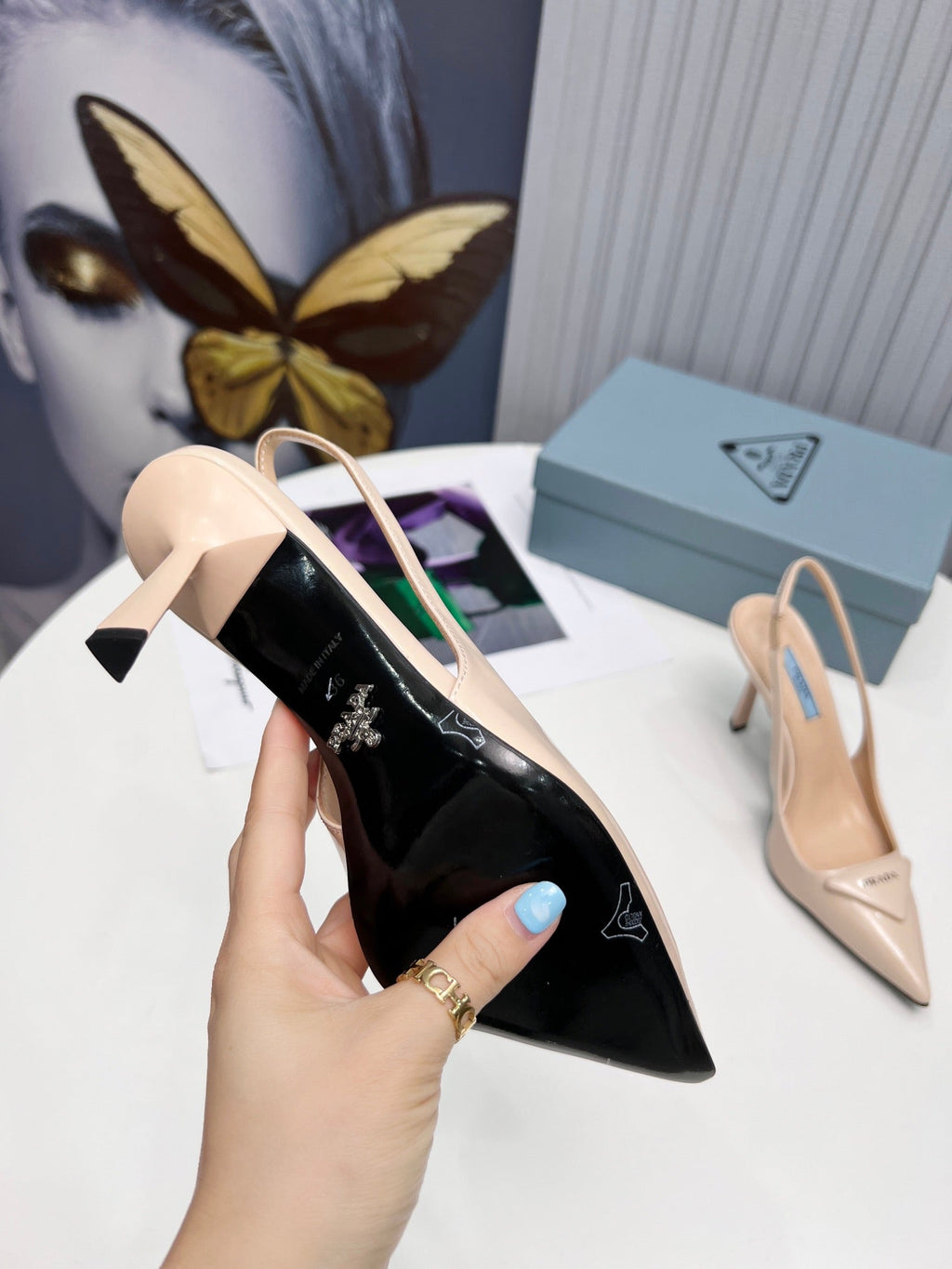 PRADA 26S SLINGBACK PUMPS STILETTO HEEL 95MM IN NUDE BEIGE CALFSKIN LOGO