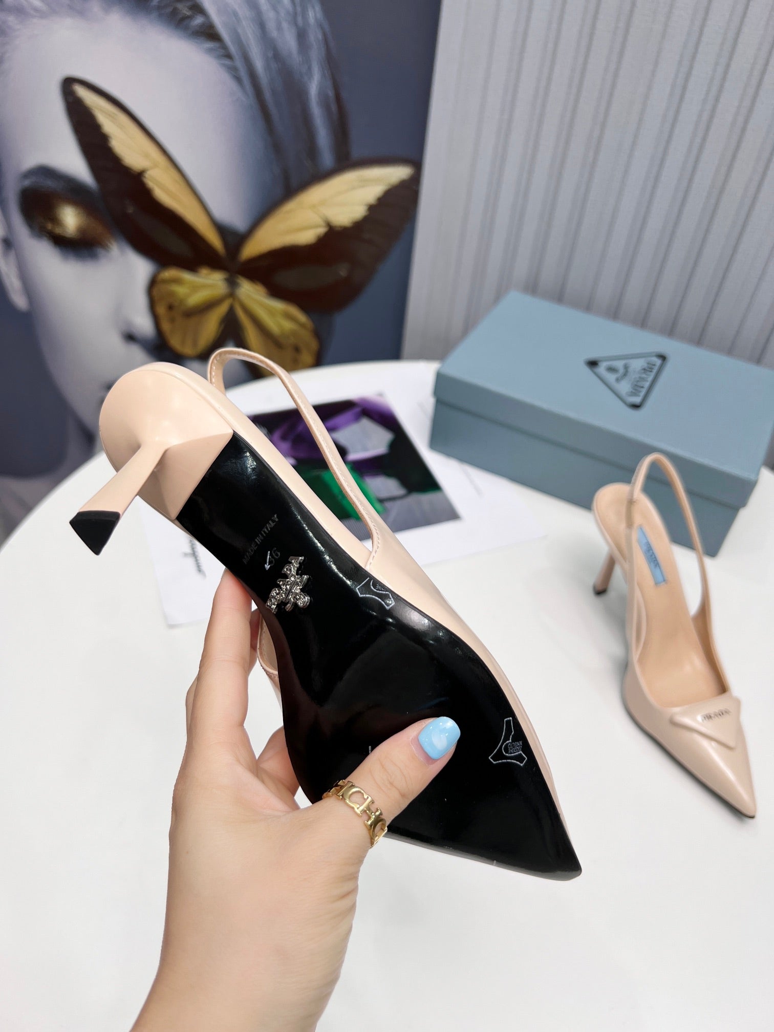 PRADA 26S SLINGBACK PUMPS STILETTO HEEL 95MM IN NUDE BEIGE CALFSKIN LOGO