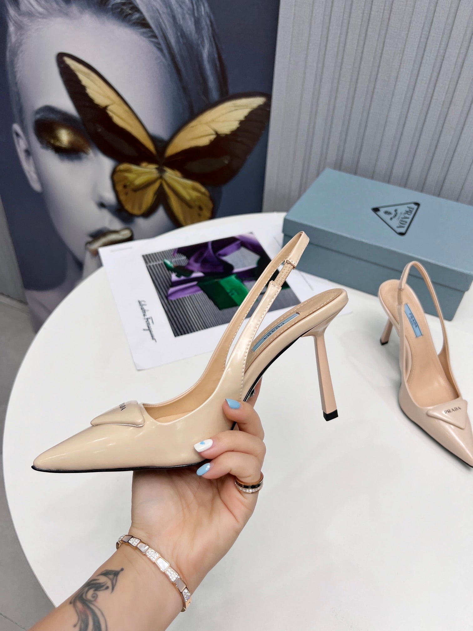 PRADA 26S SLINGBACK PUMPS STILETTO HEEL 95MM IN NUDE BEIGE CALFSKIN LOGO